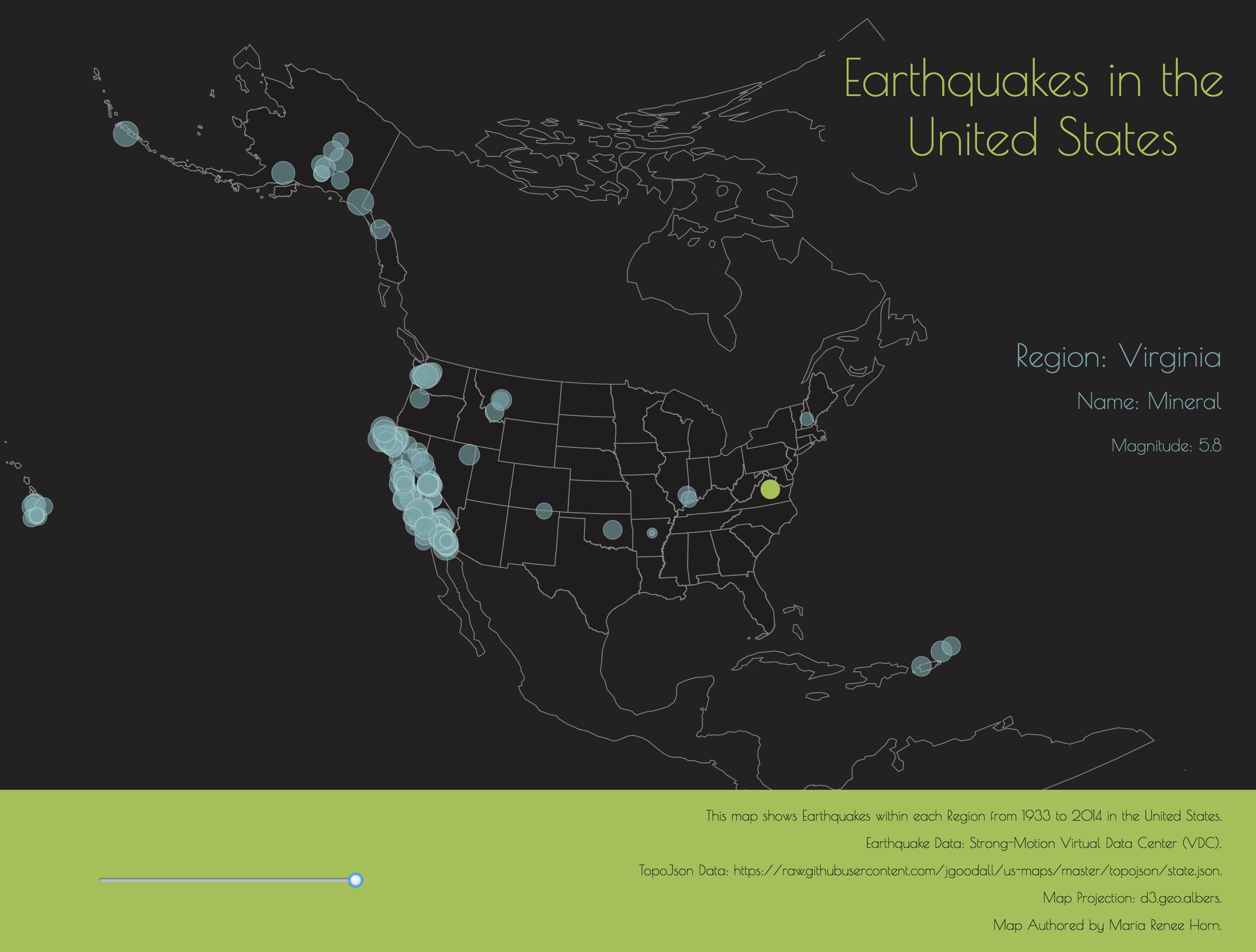 map of earthquakes in the United States