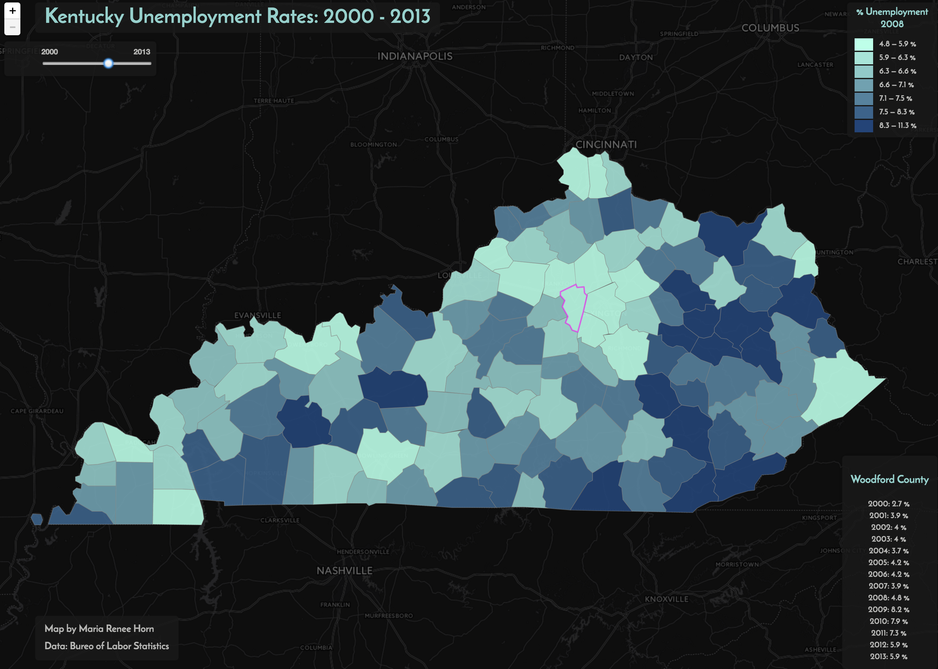 map of unemplyoment rates in Kentucky